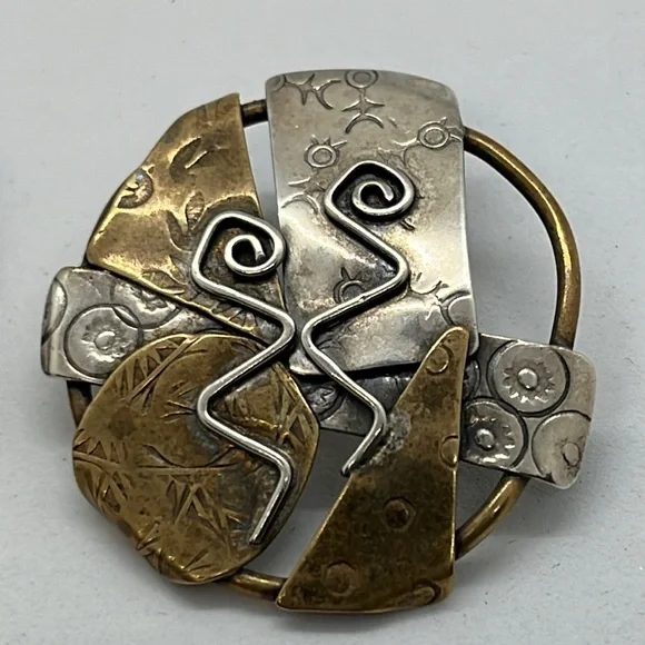 Brutalist artisan silver and brass post earrings - Picture 3 of 7